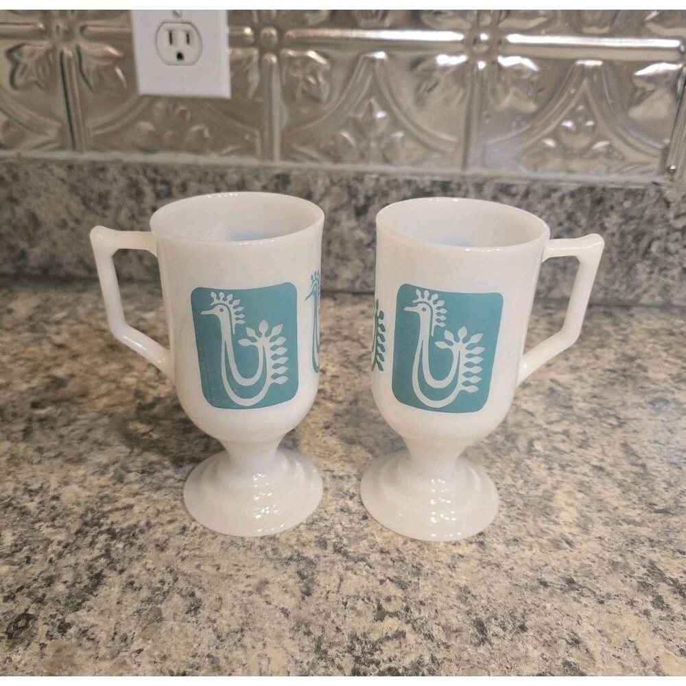 Set Of 2 Federal Glass Milk Glass Pedestal Mugs Turquoise Danish Rooster